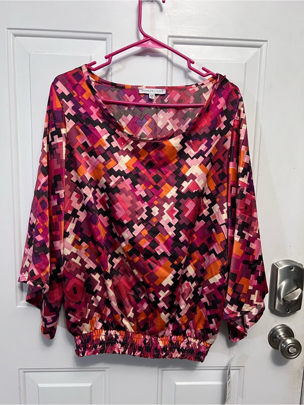 Annalee + Hope Women’s XL Coral Multi Geometric Abstract Print Blouse NWT USA